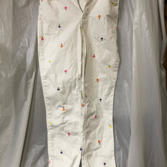 Tinseltown Embroidered White Pants with Colorful Mushrooms - Picture 1 of 8
